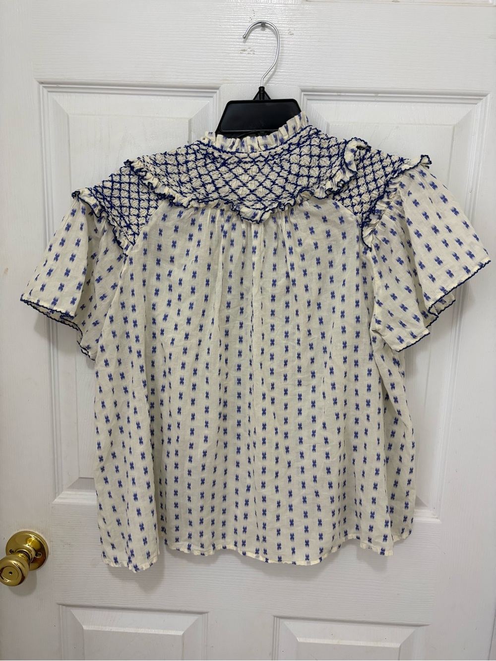 Anthropologie Pilcro Short-Sleeve Smocked Clip Dot Blouse - Picture 6 of 10